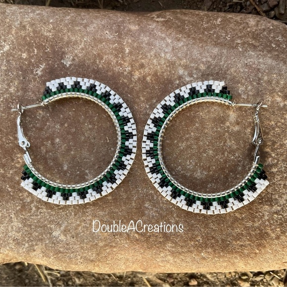 Green Navajo Basket Style 1 1/4” Beaded Hoops, New, Handmade by Me - Picture 2 of 7
